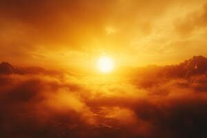 Orange sky with bright sun above the clouds and mountains. Warm light radiates through the atmosphere. Aerial view. Scenic landscape background. photo