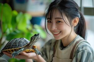 Smiling girl holding turtle. Close up portrait of a pretty girl with a small turtle in hand, bright green plants background. photo