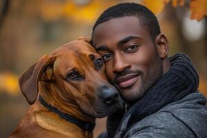 Close up of a smiling person hugging a brown dog with leaves out of focus in the background during fall season photo