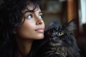 Woman looking upward next to a black cat. Furry feline looking away with light shining from window. Soft indoor light and peaceful friendship. photo