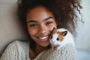 Smiling girl with a cute hamster on her shoulder. The animal has brown and white fur. The girl wears a soft sweater. photo