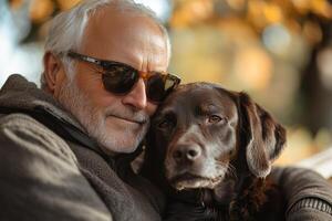 Older man with sunglasses embraces his brown labrador dog outside on an autumn day with trees and yellow leaves in soft focus photo