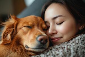 Woman resting head with closed eyes on golden dog. Girl embracing dog, sleeping together. Cozy moment. Calm indoors scene. Affectionate pet. photo