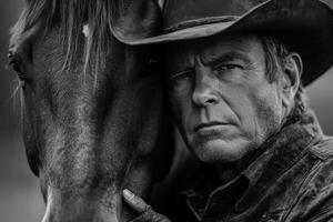 Black and white close up of adult with hat touching a dark horse. Cowboy looks at camera. Ranch life in monochrome. photo