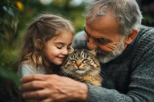 Little girl and older man embrace brown tabby cat. Faces close together, eyes closed in happiness. Green blurred background in outdoor setting. photo