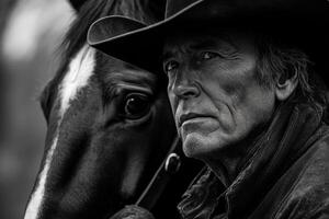 Black and white close up portrait. Older man in hat stands near horse. Strong shadows detail weathered face in monochrome photograph. photo
