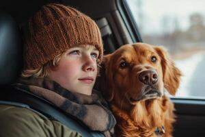 Boy with brown hat and scarf sitting next to a dog inside a car looking out the window at the winter landscape photo
