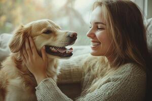 Smiling woman pets golden retriever dog inside near window. Happy friendship between girl and canine. Light brown fur and cozy sweater. photo