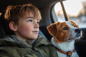 Boy and dog sit together inside car. Child and pet companion look out window on travel adventure. Road trip with animal friend during golden hour. photo