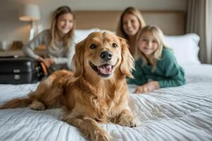 Happy golden dog lies on a white bed in a bright hotel room with blurred woman and children in the background smiling photo