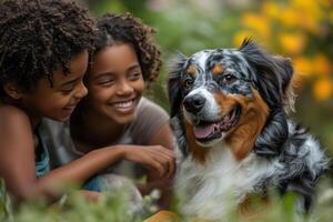 Two children smile near a dog. The dog has dark eyes and furry fur. Flowers grow in the background. They are sitting outside in green grass. photo