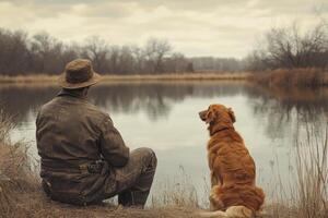 Man and dog sit quietly by the lake. Calm water reflects the trees. Brown reeds line the shore on a cloudy day. photo