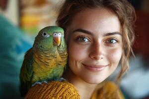 Young woman smiles gently with green parrot perched on her shoulder. Close up of a beautiful and gentle scene. Bright light background. photo