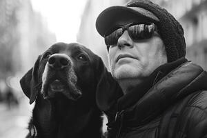 Man wears sunglasses and a knit hat standing next to a black dog looking up in black and white on city street photo