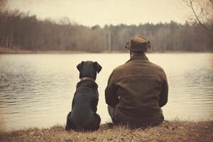 Man and dog sit together at lake edge. Brown grass, water reflection and forest in background. Back view, peaceful moment. photo