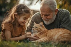 Girl with long hair pets orange cat on lawn next to older man with white beard in soft afternoon light. photo