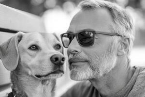 Black and white image of older man in sunglasses looking at beige dog sitting on a bench. Blurred trees in background outdoor daytime. photo