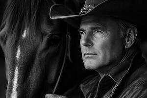Black and white close up of a thoughtful man in cowboy hat with his horse looking into distance. photo