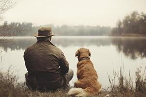 Man and dog sit on grass near calm lake water. Overcast day with trees reflecting. Animal companion enjoying outdoor scenery. photo