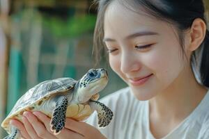 Young woman holds small turtle. Girl smiles at the reptile. Blurred green background in outdoor setting. Close up view of friendship. photo