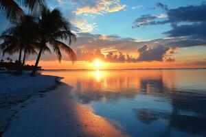 Palm trees line white sand beach at sunset. Warm light reflects on calm ocean waters beneath a sky of clouds and bright sun photo