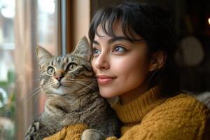 Young woman holds tabby cat near window. Indoor cozy setting. Girl with pet looking outside. Warm sweater. Relaxed moment. photo