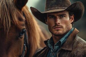 Close up of person in hat with leather jacket standing next to brown horse in outdoor setting with blurred background photo