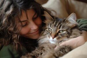 Woman hugs a fluffy tabby cat. Smiling girl gently holds her pet indoors. Warm light and cozy scene of affection. photo
