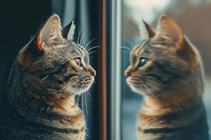 Tabby cat looks at its reflection on a window pane. Profile of feline with brown fur. Dark background with soft natural light. photo