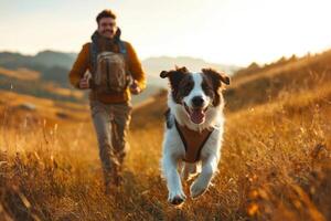 Happy dog running towards camera during hike with owner in sunny golden field on hilltop. Man with backpack enjoys adventure with pet friend. photo
