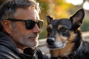 Man with sunglasses sits outside with his dog. The small dog is wearing a collar. They are enjoying each other's company in sunlight. photo