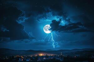 Full moon illuminates clouds in dark blue night sky. Lightning strikes above houses. Small city lightens landscape below mountains. photo