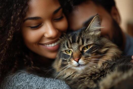 Woman with curly hair gently hugs a long haired tabby cat. A man is blurred in background. Indoor setting. Light is soft. photo