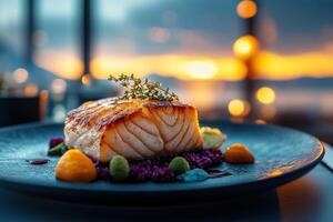 Grilled white fish fillet sits on a dark plate with purple cabbage and orange puree near a blurry sunset background. photo