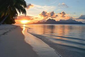 Tropical beach at sunset. Palm trees silhouette along white sand. Ocean waves approach shore. Distant mountains and colorful sky. photo