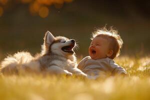 Happy baby laughing with small dog. Puppy and infant lie in sunny grass. Golden light shines on child and pet outdoors. photo