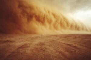 Vast arid land under swirling dust cloud. Brown landscape with looming storm. Desert floor meets wall of sand. Natural phenomenon creating dynamic scene. photo