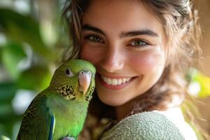 Smiling woman holds green parrot near face. Happy expression with a pet bird. Close up portrait of bird owner inside a home. photo