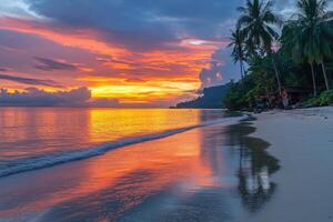Tropical beach at sunset. Golden light reflects on ocean water and wet sand. Palm trees line a quiet coast with colorful clouds. photo