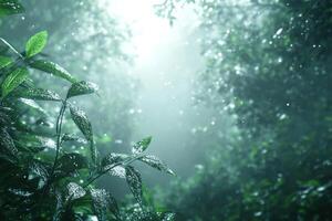 Lush green foliage close up, glistening with moisture. Misty sunlight filters through trees in background. Nature background, tropical forest with light beams. photo