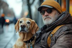 Man with beard and sunglasses rests with his dog on a city sidewalk. The dog looks forward. People walk by blurred in background. photo