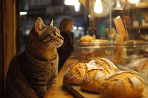 Brown tabby cat looks away by fresh bread loaves. Bakery display with glass case shows baked goods and soft city lights through window. photo