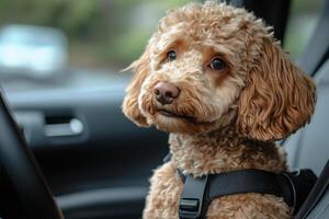Small brown curly dog sits in car seat wearing a harness looking forward with blurred background showing vehicle dashboard and trees. photo