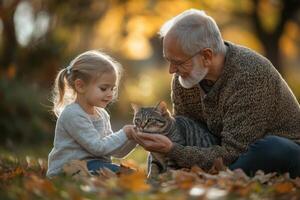Girl touches tabby cat held by senior man with beard in autumn park with falling leaves. Golden light shines on scene. photo