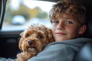 Boy with curly hair hugs a small dog inside of a vehicle during a road trip with blurred background visible through car window photo
