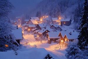 Snowy village scene at night. Houses covered in fresh snow, street lights illuminate, winter wonderland in the mountains. photo