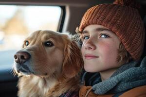 Young boy wearing a hat sits in a car with a dog. Both look out the window. Light shines on their faces. photo