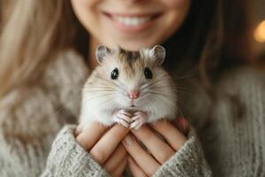 Small hamster sits held in woman's hands. Beige sweater surrounds tiny pet. Rodent looks forward with small paws resting together. Focus on the cute animal. photo