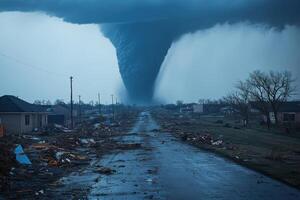 Large tornado touching down in a devastated town. Stormy dark sky above damage and debris scattered everywhere. Powerful nature disaster impact. photo