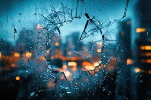 Sharp shards of shattered glass create a hole through a window. Lights from a blurred city are seen in the background at night. Damaged panel is blue. photo